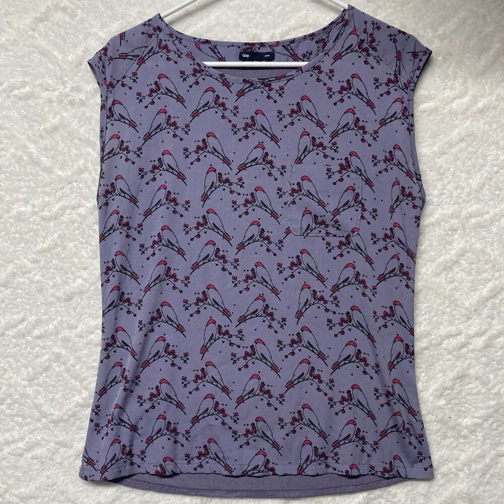 Gap Purple Birds Flowers Print Cap Sleeve Cotton Top Boho Cottage Spring Size S